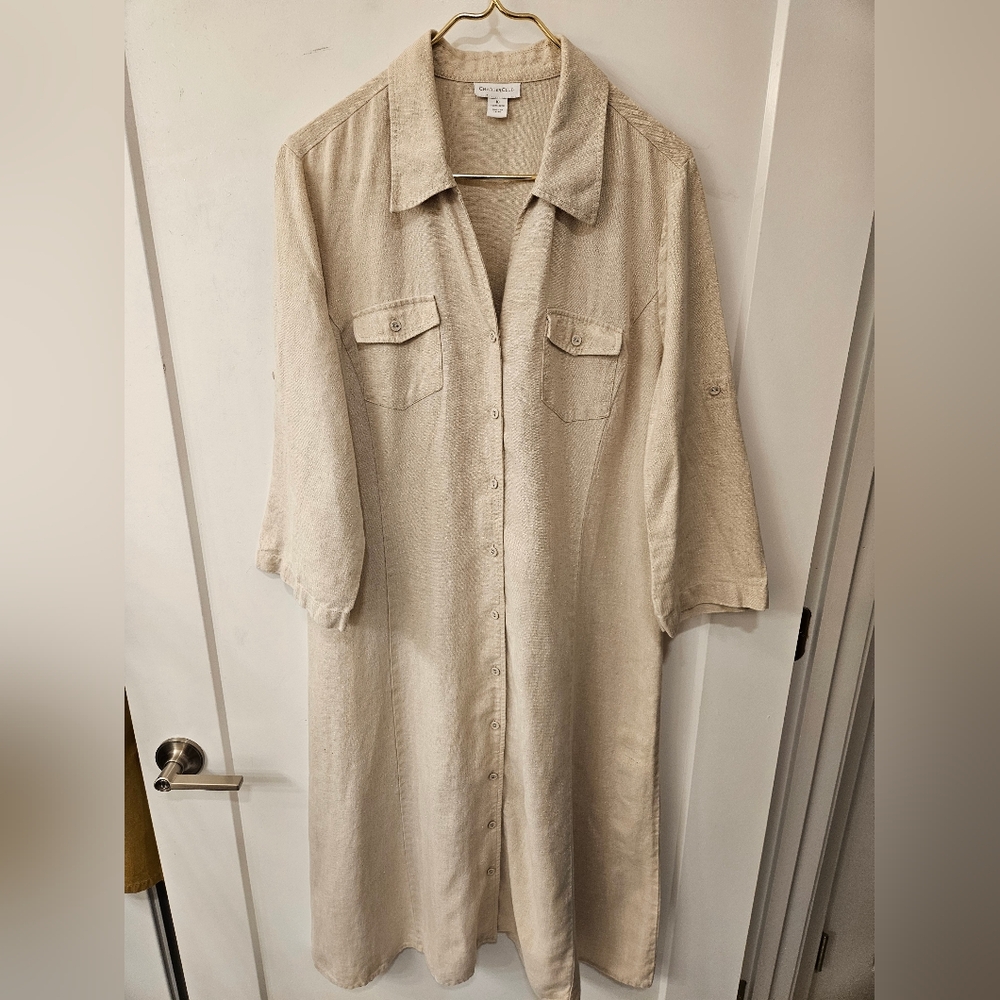 100% Linen Like New Charter Club Oatmeal Midi Shirtdress - Size 16